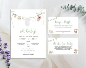 Baby Shower Invitation Bundle, Gender Neutral Baby Clothes Invite, Boho Invitation Set, Editable Template, Printable or Digital 0096