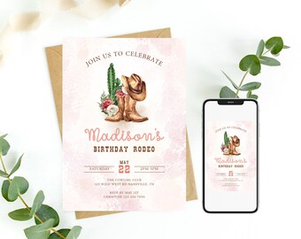 Cowgirl Birthday Invitation, Birthday Rodeo Invite, Western Girl Birthday, Pink Cowgirl, First Rodeo Evite or Printable Template 0119