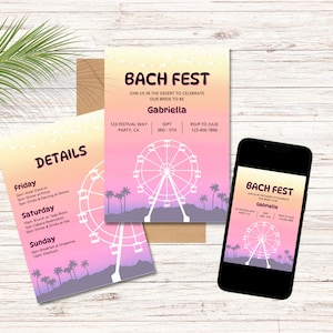 May include: A pink and yellow gradient invitation with a white Ferris wheel and palm trees. The text reads "Bach Fest" and "Join us in the desert to celebrate our bride to be Gabriella".