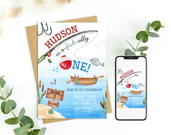 Peut inclure: Invitation aquarelle sur le thème de la pêche. L'invitation indique "HUDSON is o-fish-ally ONE !" avec des illustrations de canne à pêche, de flotteur et de poisson. Détails de la fête le 2 juin à 14h.