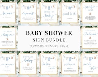 Baby Shower Sign Bundle, It's a Boy Baby Shower Signs, Blue Boho Boys Clothes Sign Set, Editable Printable Template 0096