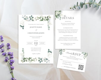 Floral Wedding Invitation Suite- Eucalyptus Wedding Invitation Set, Garden Any Event Editable Template Bundle Instant Download 0077
