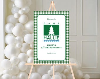 Cartel de bienvenida para cumpleaños de campamento, cartel de bienvenida para campamento Parent Trap Walden, despedida de soltera, glamping, campamento de verano, plantilla imprimible y editable 0135