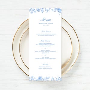 Carte de menu floral bleu, Merci de mariage en toile française, carte imprimable détails de table, chronologie du mariage, carte de bienvenue, modèle modifiable 0089