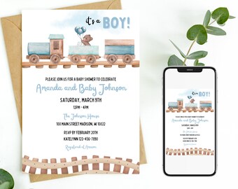 EDITABLE TRAIN Baby Shower Invitation Its a Boy Invite Baby Boy Invitation Train Baby Shower Invitation Printable Digital Personalized 0001