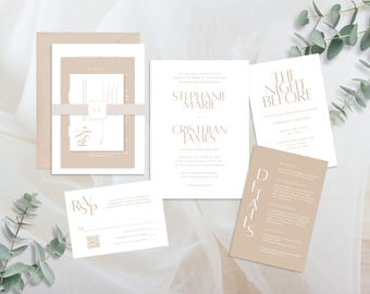 Modern Neutral Wedding Invitation Suite,  Minimalist Beige Wedding Invitation Set, Taupe Invitation, QR Code RSVP, Printable Template 0123