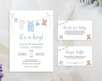 Boy Baby Shower Invitation Bundle, It's a Boy Baby Clothes Invite, Blue Boho Invitation Set, Editable Template, Printable or Digital 0096