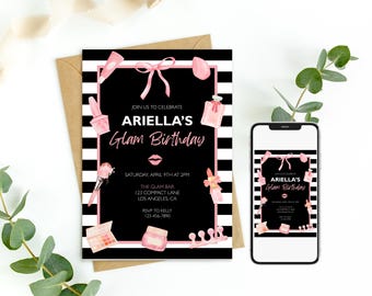 May include: A black and white striped invitation with pink accents and the text "Ariella's Glam Birthday." The invitation includes illustrations of makeup items. A smartphone displays the same invitation.