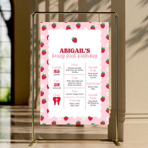 Strawberry 1st Birthday Milestone Sign, Berry First Bday Infographic Board, Berry Sweet Baby First Year Poster, Editable Template 0037