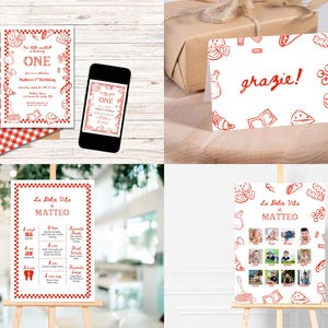 May include: Red and white themed birthday party invitations and signage. The invitation reads "ONE" with event details. A thank you card says "grazie!" and a poster has photos and the text "La Dolce Vita di Matteo".