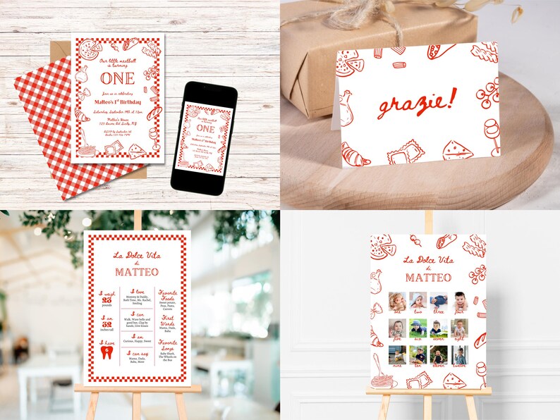 May include: Red and white themed birthday party invitations and signage. The invitation reads "ONE" with event details. A thank you card says "grazie!" and a poster has photos and the text "La Dolce Vita di Matteo".