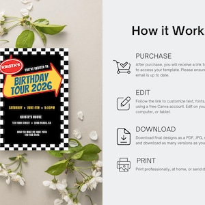 May include: A black and white invitation with the text "BIRTHDAY TOUR 2026" in yellow and red. The invitation includes event details and instructions on how to edit, download, and print the design.