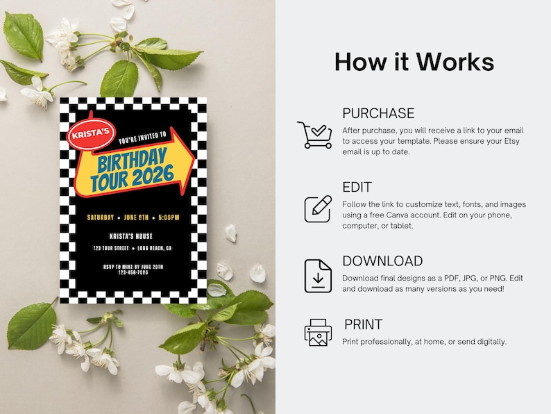 May include: A black and white invitation with the text "BIRTHDAY TOUR 2026" in yellow and red. The invitation includes event details and instructions on how to edit, download, and print the design.