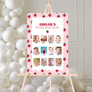 Letrero de primer cumpleaños de fresa, tablero fotográfico de primer cumpleaños de bayas, póster de primer año de bebé dulce de bayas, plantilla editable 0037