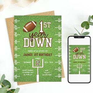 First Year Down Football 1st Birthday Invitation, Boy Birthday Invite, Editable, Printable or Digital, Instant Download T0024
