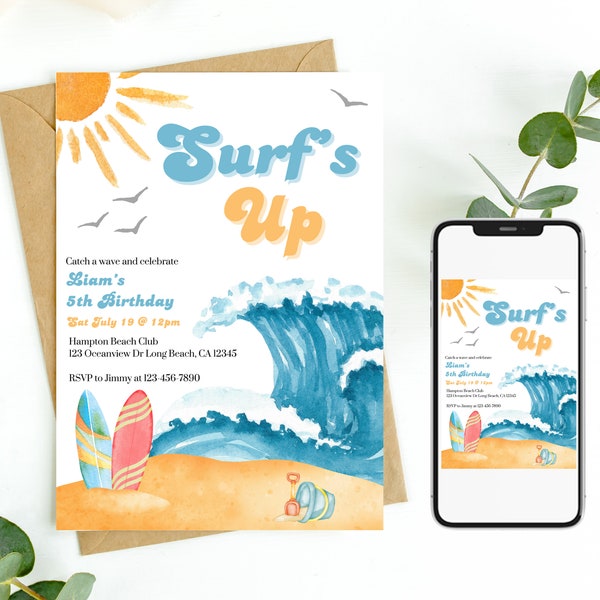 Surfs Up Kids Birthday Invitation, Surf Beach Summer Theme Bday, Retro Photo Beach Surfboard Editable Template Printable or Digital T0016_2