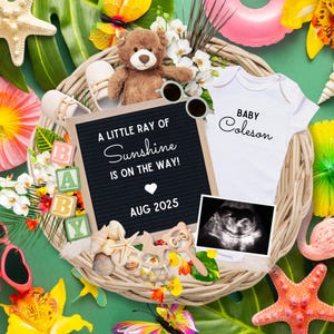 Aankondiging zomerzwangerschap, Tropical Beach Baby Reveal, digitale sjabloon, afdrukbaar, tekst, e-mail, sociale media 0052