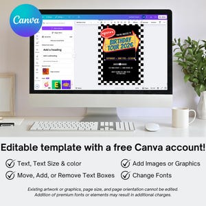 May include: A computer monitor displays a Canva template for a birthday tour invitation. The invitation features a black and white checkered border and the text "BIRTHDAY TOUR 2026". The screen also shows editing options. A white keyboard, mouse, and coffee cup are on the desk.
