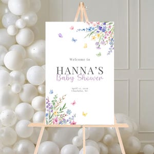 Floral Welcome Sign, Wildflower Baby Shower Sign, Baby in Bloom Shower Decor, Butterfly Welcome Poster, Editable Template 0108