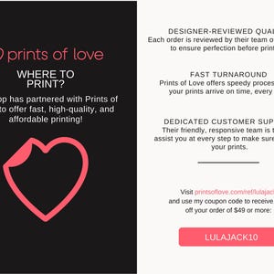 May include: A promotional graphic for Prints of Love, featuring a pink heart graphic and text on a black background. The text includes "WHERE TO PRINT?" and details about fast, high-quality, and affordable printing services.
