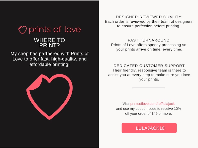 May include: A promotional graphic for Prints of Love, featuring a pink heart graphic and text on a black background. The text includes "WHERE TO PRINT?" and details about fast, high-quality, and affordable printing services.