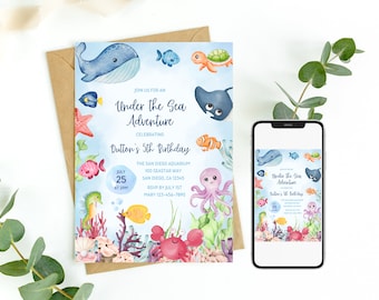 May include: An invitation to a 5th birthday party with an under the sea theme. The invitation features a blue whale, a sea turtle, a stingray, an octopus, a seahorse, a crab, and coral. The text on the invitation reads "Join us for an Under the Sea Adventure Celebrating Dutton's 5th Birthday." The invitation also includes the date, time, and location of the party.