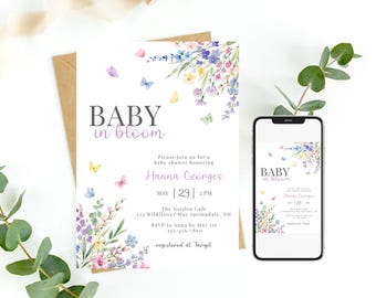 Floral Baby Shower Invitation, Baby in Bloom Wildflower Shower Invite, Butterfly Shower Invitation, Digital Evite or Printable Template 0108
