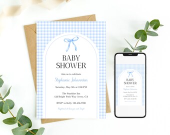 Blue Bow Gingham Baby Shower Invitation, Blue Ribbon Editable Template Printable or Digital Invitation, Instant Download 0064
