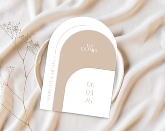 Modern neutral bröllopsinbjudningssvit, minimalistisk beige båginbjudningsset, blommig inbjudan, QR-kod OSA, utskrivbar mall 0123