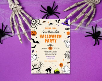 May include: Halloween party invitation with orange and black graphics, including a pumpkin, bats, and ghosts. The invitation reads "Join us for a Spooktacular Halloween Party" on October 31st. The background is purple with spiderwebs and skeleton hands.