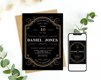 Whiskey Birthday Invitation, Aged to Perfection Birthday, Mens Bday Invite, 30th 40th 50th Any Age, Digital or Print Editable Template 0129