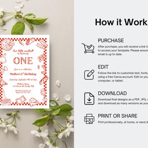 May include: A white invitation with red illustrations and text for a first birthday party. The invitation includes the text "Our little meatball is turning ONE" and details for the event.