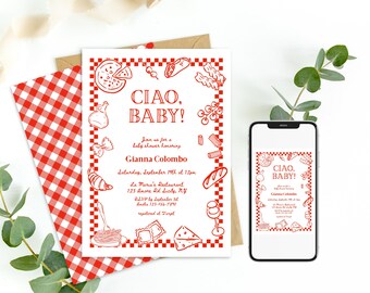 Ciao Babypartyeinladung, spezielle Lieferung Italienische Pizza-Babyparty, Scheibe Scheibe Babyparty, Evite oder Printable, bearbeitbare Vorlage 0124