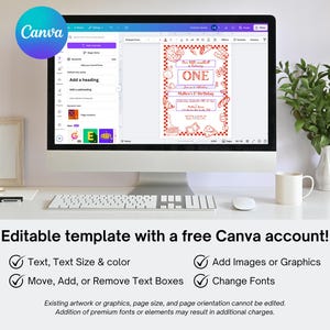 May include: A computer monitor displays a red and white birthday invitation template with the word "ONE". The Canva logo is in the upper left corner. The text "Editable template with a free Canva account!" is below the monitor.