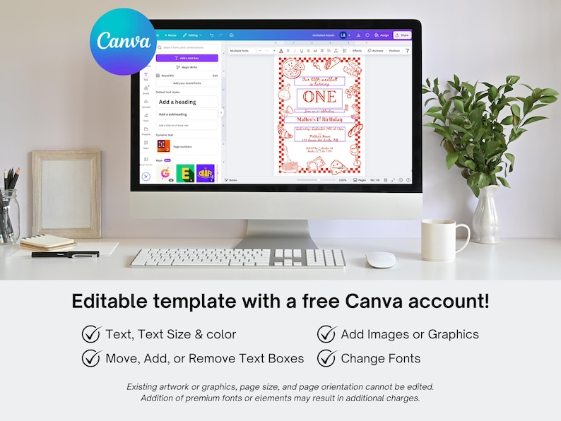 May include: A computer monitor displays a red and white birthday invitation template with the word "ONE". The Canva logo is in the upper left corner. The text "Editable template with a free Canva account!" is below the monitor.