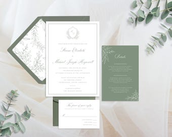 Puede incluir: Elegante juego de invitaciones de boda con una invitación principal, una tarjeta de detalles y una tarjeta de confirmación de asistencia. El diseño incluye un fondo blanco con un borde y texto grises, y un sobre verde con un estampado floral. Ramas de eucalipto añaden un toque natural.