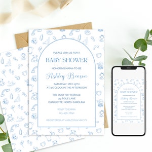 Vintage Blau Toile Baby Shower Einladung, Baby Toile, Französisch inspirierte Muster, bearbeitbare Vorlage druckbare sofort-Download 0032