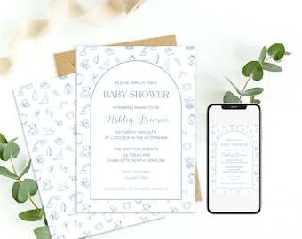 Vintage Blue Toile Baby Shower Invitation, Baby Toile, French Inspired Pattern, Editable Template Printable Instant Download 0032