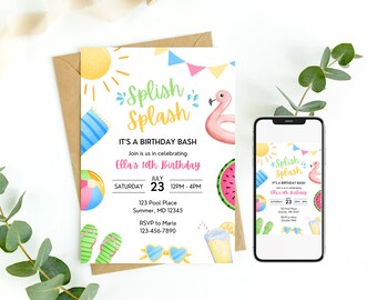Summer Pool Party Invitation, Summer Girl Birthday, Swimming Party Invite, Editable Template Printable Instant Download 0046