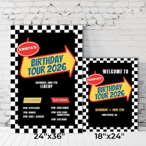 May include: Two black signs with white checkered borders. The larger sign is 24" x 36" and says "Krista's Birthday Tour 2026" with a yellow arrow. The smaller sign is 18" x 24" and says "Welcome to Birthday Tour 2026".