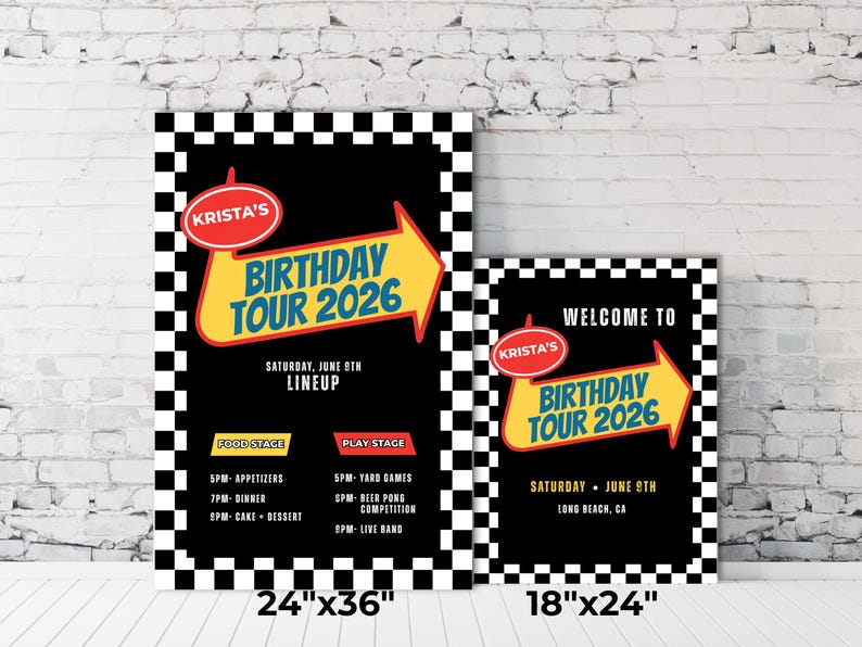 May include: Two black signs with white checkered borders. The larger sign is 24" x 36" and says "Krista's Birthday Tour 2026" with a yellow arrow. The smaller sign is 18" x 24" and says "Welcome to Birthday Tour 2026".