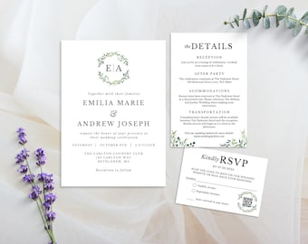 Floral Wedding Invitation Suite- Monogram Wedding Invitation Set, Garden Any Event Editable Template Bundle Instant Download 0078