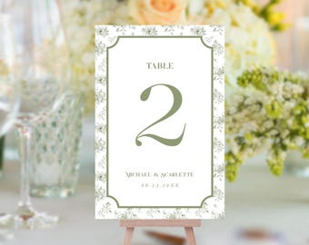 Sage Green Floral Table Number Card, French Toile Wedding Table Number, Printable DIY Place Card, Editable Template, Instant Download 0086