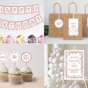 May include: A festive birthday party theme with red and white checkered accents. Includes a banner that says "Happy Birthday", cupcakes, gift bags, and a welcome sign. The sign says "Matteo is One!"
