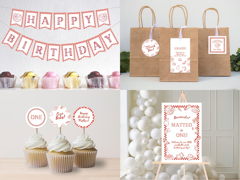 May include: A festive birthday party theme with red and white checkered accents. Includes a banner that says "Happy Birthday", cupcakes, gift bags, and a welcome sign. The sign says "Matteo is One!"