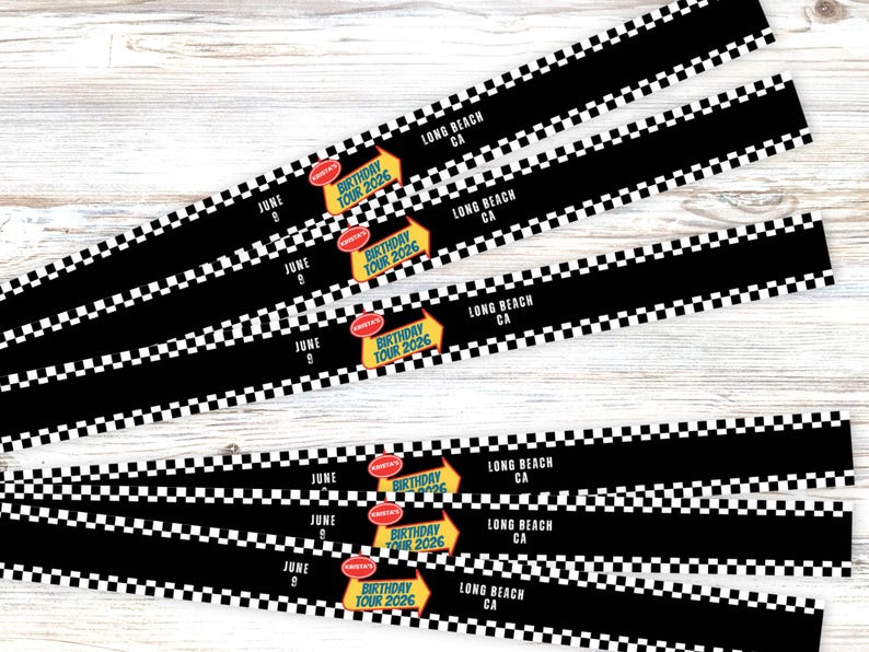 May include: Black and white checkered strips with the text "Long Beach CA" and "Birthday Tour 2026". The date "June 9" is also printed on the strips. The strips have a road-like design.