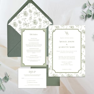 Conjunto de convites de casamento com monograma floral verde-sálvia - Conjunto elegante para casamento formal em jardim, modelo editável, para impressão ou digital 0086