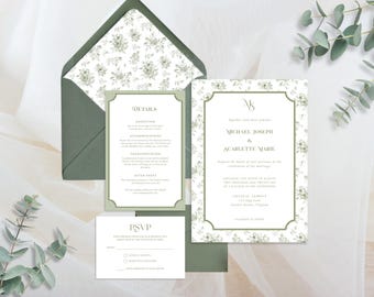 Sage Green Floral Monogram Wedding Invitation Suite- Elegant Formal Garden Wedding Set, Editable Template, Printable or Digital 0086