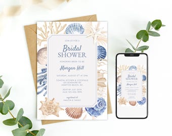 Coastal Bridal Shower Invitation, Boho Beach Bridal Brunch Invite, Ocean Digital Evite, Shell Invitation, Printable Editable Template 0102