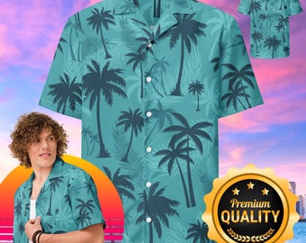 80s Coastal Retro Hawaii Shirt – Vintage Miami Ocean Blue Short Sleeve Button Down, Pastel Tropical Palms